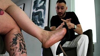 Busty Inked Xwife Karen Rubs Dick With Her Soft Feet