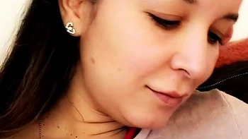 Busty curly brunette with big boobs fucks on couch