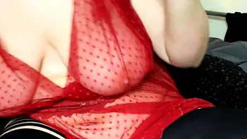 Busty curly brunette with big boobs fucks on couch