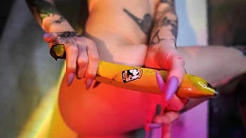 Teen with Tattoo Masturbates with Banana on Webcam