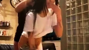 Small tit brunette amateur tugs on a big willie