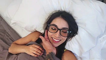 Small titted brunette teen fingering on the bed