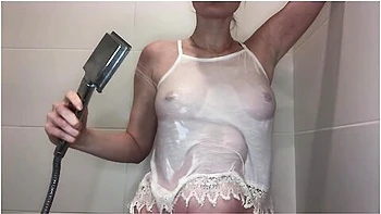 Play With Water White Wet T-shirt Shower Time Shower Play, Jump With Huge Boobs Natural Piercing