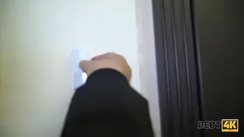 DEBT4k. Young debt collector throws a leg to the red-haired waitress