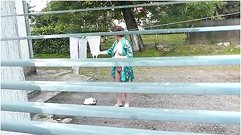 Neighbor In Bathrobe Without Panties And Bra Dries Washing Courtyard, Neighbour Watching Out Window