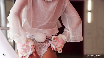 Busty goddess in sexy white lingerie Lia Mango shows off her body