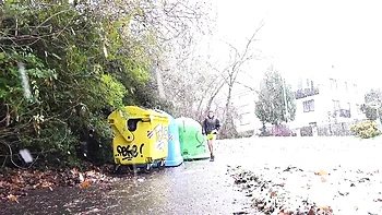 Gorgeous angel in a leather jacket Mini Mitzi X is pissing outdoors