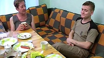 Blowjob and hard fuck after breakfast for a granny: Doggy, Missonary  Amateur Porn