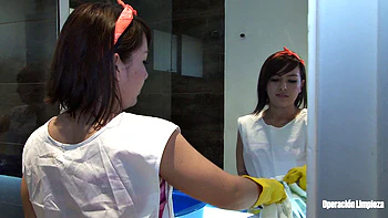 Bathroom fuck and cum on Latina maid's ass