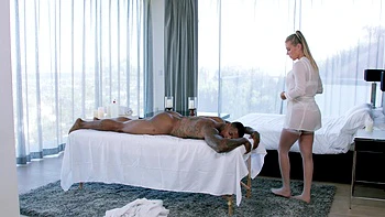 Big black cock for a sexy blonde with huge boobs, a steamy interracial scene.