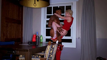 A couple, Skye Blue and Jason, enjoy passionate interracial sex with a satisfying finish.