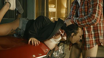 Two sexy babes shared cock in 69 pose while riding a car