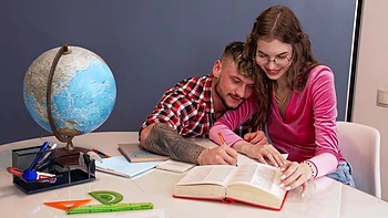 Young student Alice Xo fucks her teacher on the table in a steamy scene.