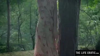 Skinny girl fucks herself hard in the forest