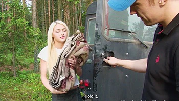 Blonde Olivia Devine doggystyled hard in forest