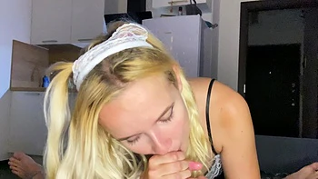 A maid in fishnet stockings gets fucked hard in the kitchen