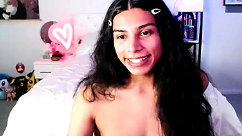 Small titted brunette Sharron with glasses masturbates