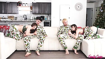 Hot foursome with two brunettes and young guys fucking hard