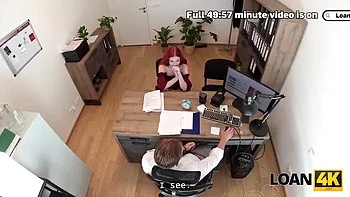 Stanley Johnson fucks hot redhead Miss Olivia in office for loan - big natural tits teen seduced hardcore