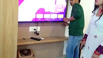 Indian homemade sex: Amanraza9 fucks 18 year old Baby Kajal's tight pussy doggy style while watching TV