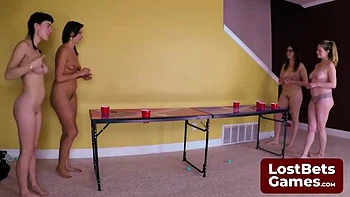 Amateur Lesbian Game Bet: Wild Strip Pong Showdown with Big Natural Tits