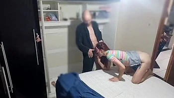 Wife Blindfold Prank! Horny Friend Hides in Wardrobe for Sneaky Blowjob & Cumshot
