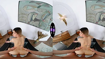 Cute teen finishes guy off riding in VR