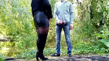 MILF milks cum outdoors for her sexy skirted ass