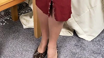 Mature MILF in Pantyhose Needs Help Removing Her Dress - Big Natural Tits & Feet