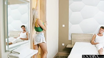 Soft porn: Petite hotel maid rides and sucks cock