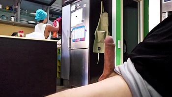 Showing my hard cock to stepmom, she jacks off