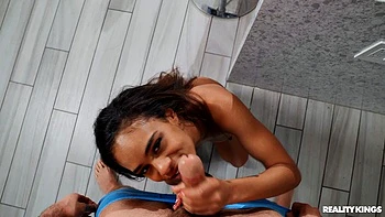 Ebony doggystyle blowjob in kitchen