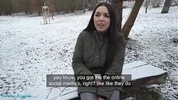 Public Agent Spanish Brunette Flashes Big Natural Tits in the Snow