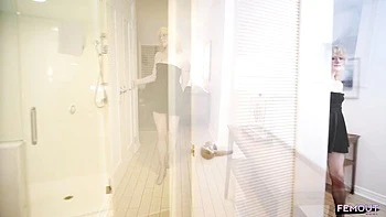 Curly Tgirl Blonde Masturbates with Dildo