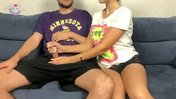 Step Sister Spotted Step Brothers Big Dick Through Shorts And Couldn't Resist! Mutual Handjob Orgasm